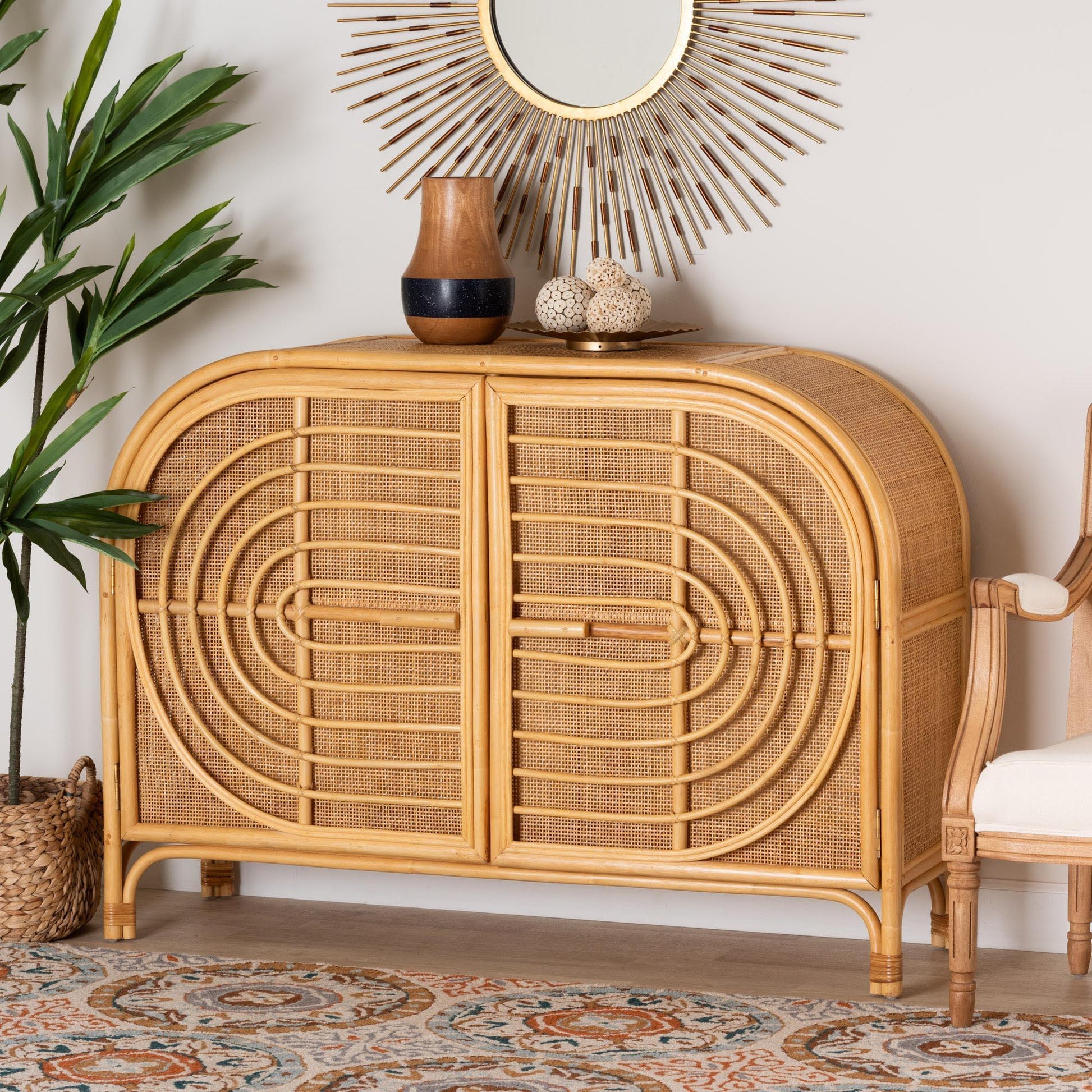 bali & pari Ovalet Modern Bohemian Natural Brown Rattan 2-Door Sideboard FredCo