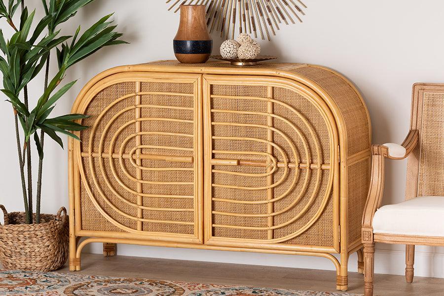bali & pari Ovalet Modern Bohemian Natural Brown Rattan 2-Door Sideboard FredCo