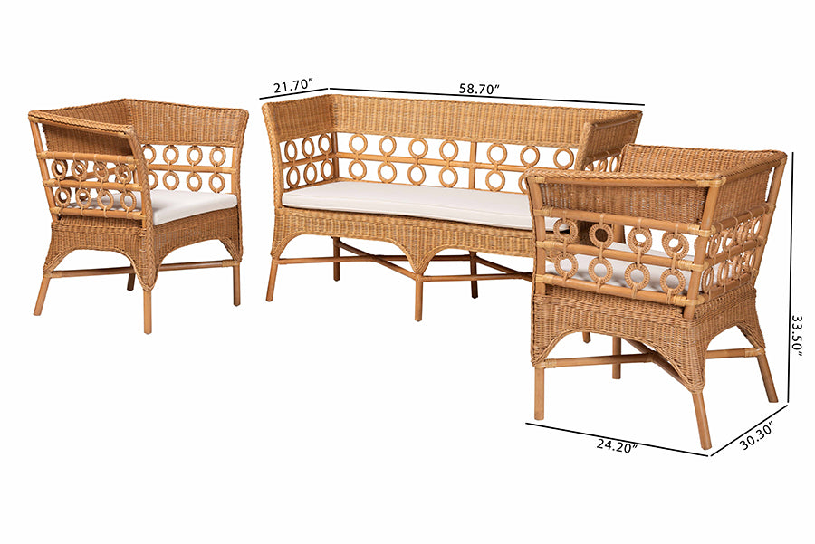 bali & pari Oxford Bohemian Light Honey Rattan 3-Piece Living Room Chair Set FredCo