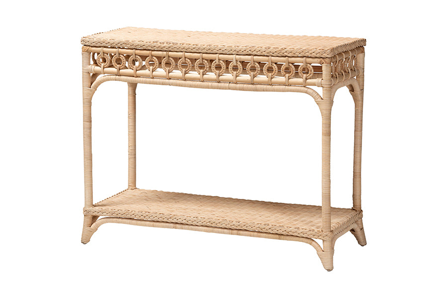 bali & pari Oxford Braided Natural Rattan Console Table with Open Shelf - Coastal Boho Entryway or Hallway Accent Table with Decorative Loop Detailing FredCo