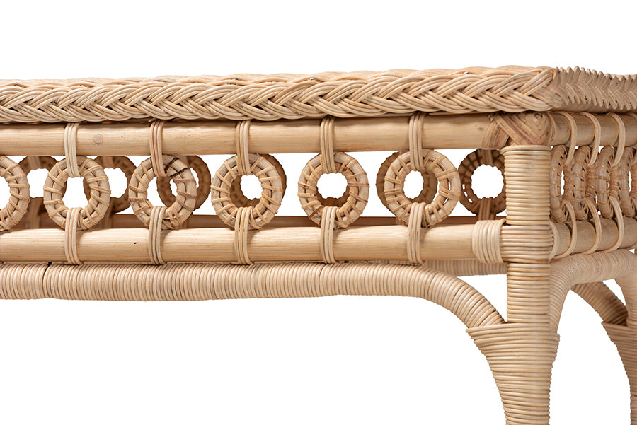 bali & pari Oxford Braided Natural Rattan Console Table with Open Shelf - Coastal Boho Entryway or Hallway Accent Table with Decorative Loop Detailing FredCo