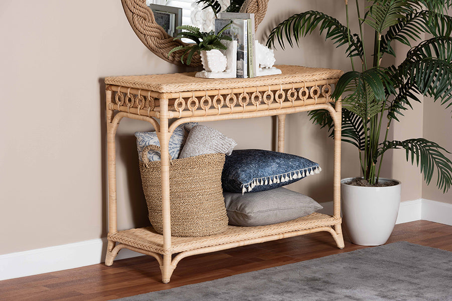bali & pari Oxford Braided Natural Rattan Console Table with Open Shelf - Coastal Boho Entryway or Hallway Accent Table with Decorative Loop Detailing FredCo