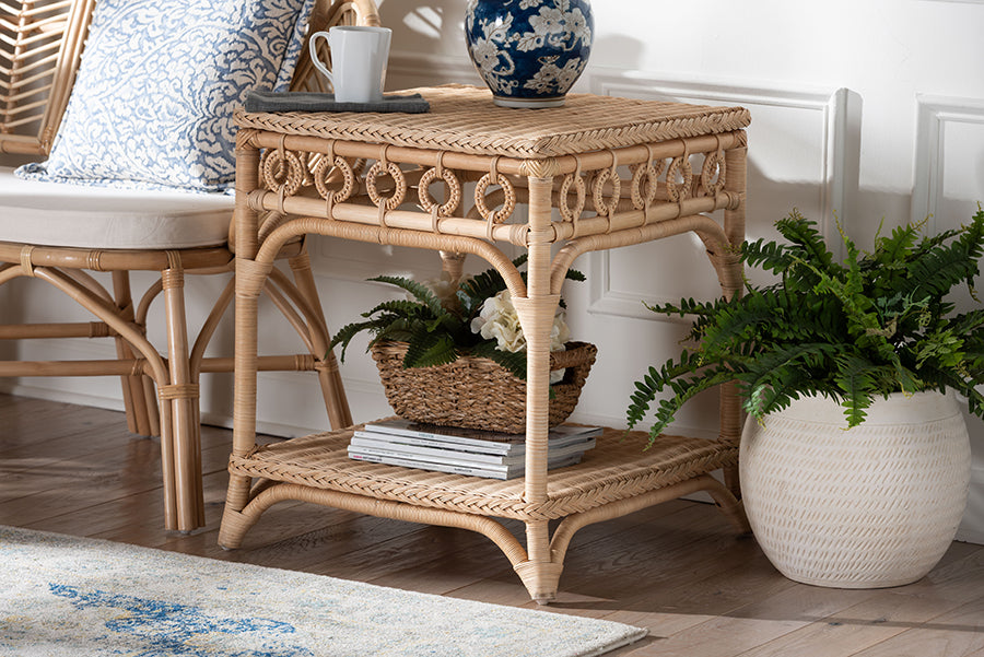 bali & pari Oxford Braided Natural Rattan End Table with Shelf - Square Boho Accent Table with Decorative Loop Detailing, Coastal Style for Living Room or Bedroom FredCo