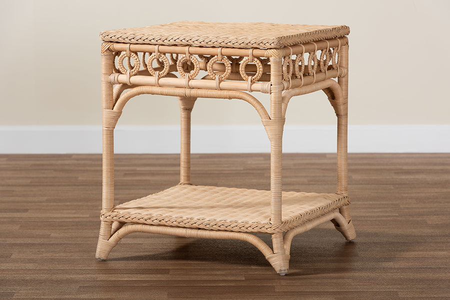 bali & pari Oxford Braided Natural Rattan End Table with Shelf - Square Boho Accent Table with Decorative Loop Detailing, Coastal Style for Living Room or Bedroom FredCo