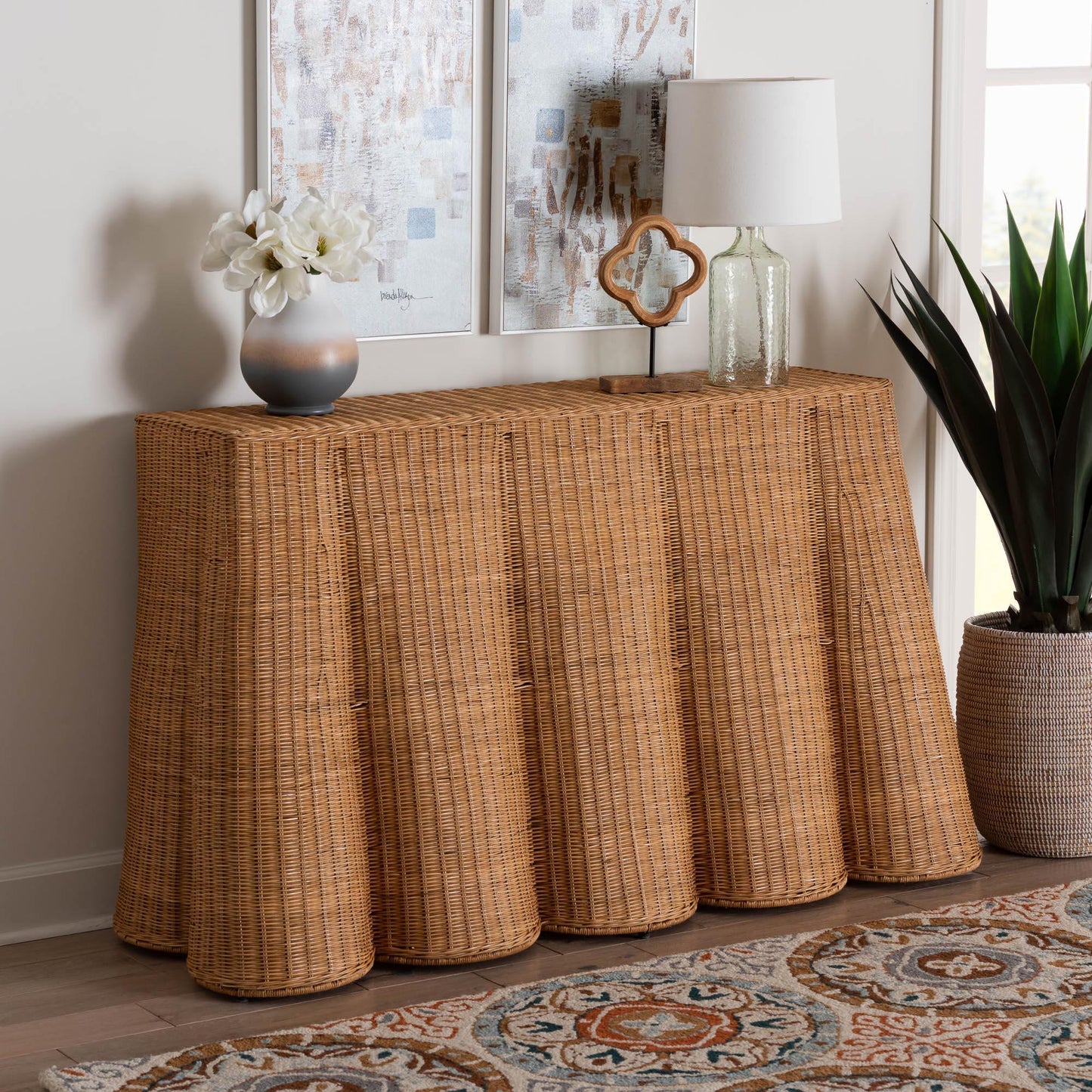 bali & pari Palm Bohemian Honey Scallop Rattan Console Table FredCo