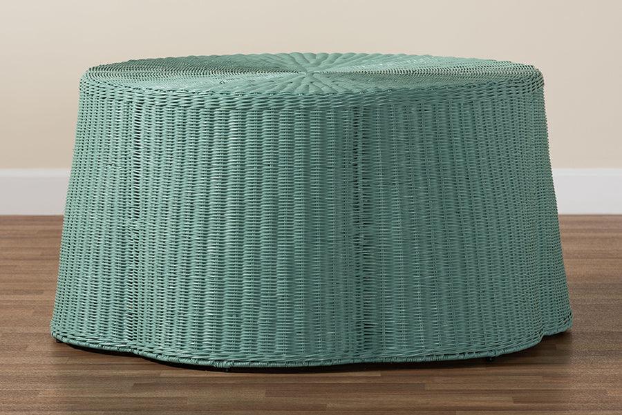 bali & pari Palm Bohemian Seafoam Green Scalloped Rattan Coffee Table FredCo