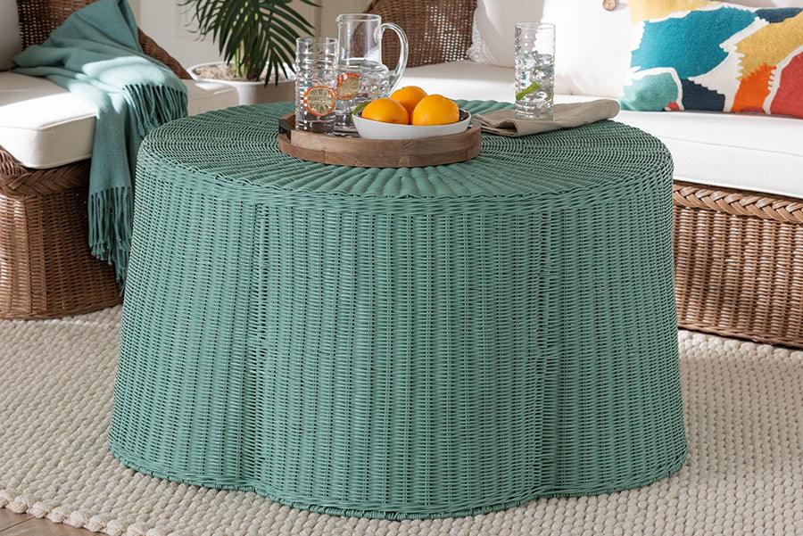 bali & pari Palm Bohemian Seafoam Green Scalloped Rattan Coffee Table FredCo