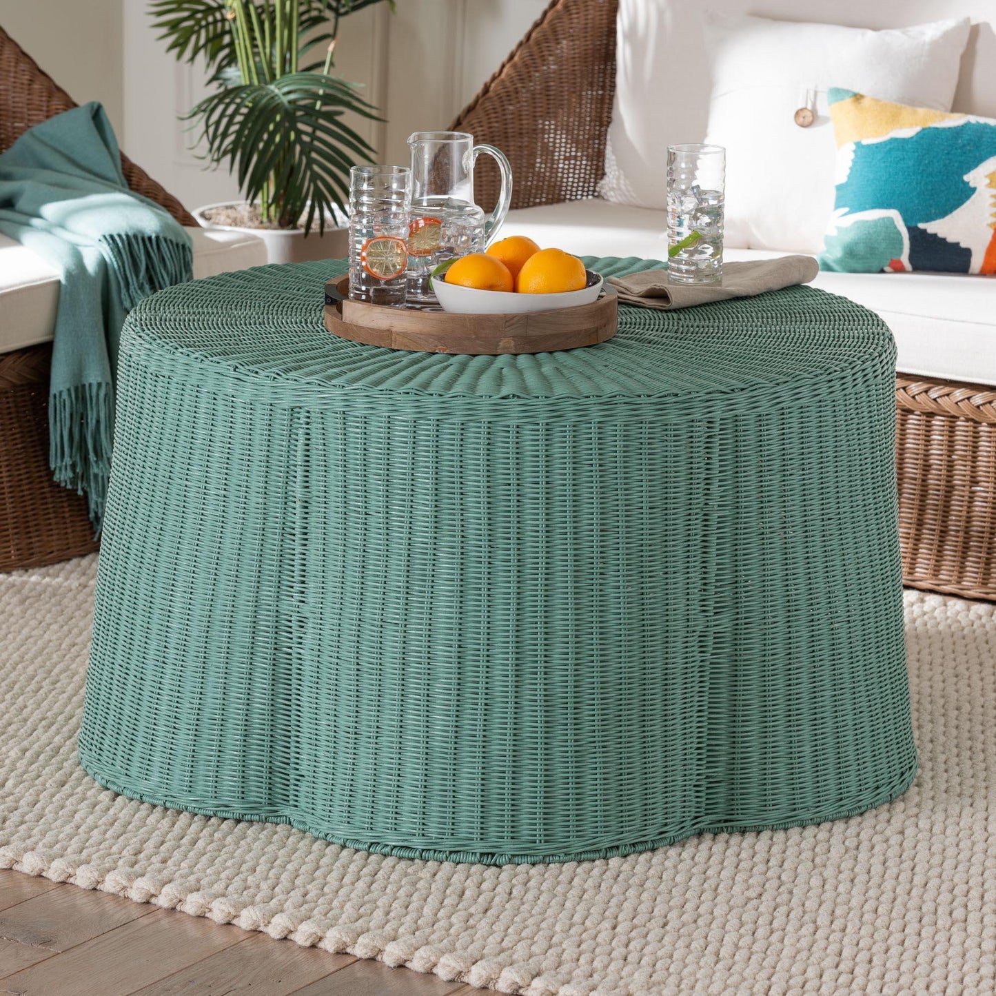 bali & pari Palm Bohemian Seafoam Green Scalloped Rattan Coffee Table FredCo