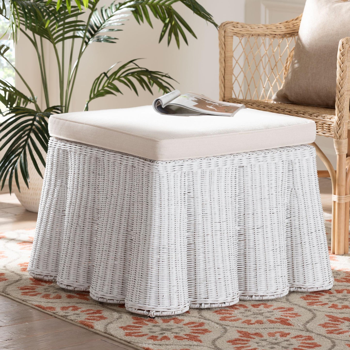 bali & pari Palm Bohemian White Scallop Rattan Ottoman FredCo