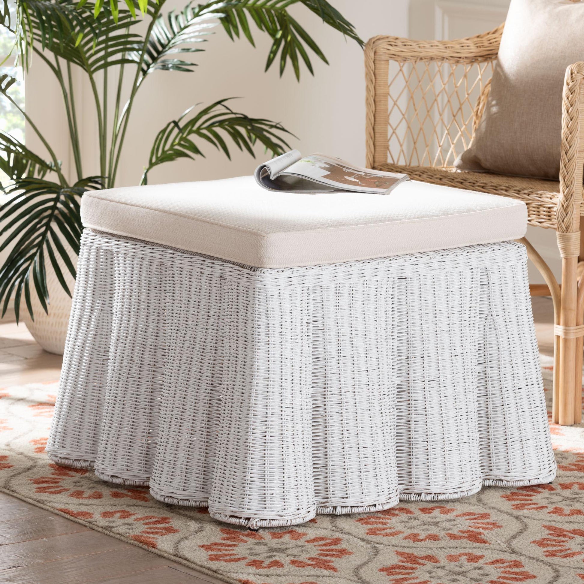 bali & pari Palm Bohemian White Scallop Rattan Ottoman FredCo