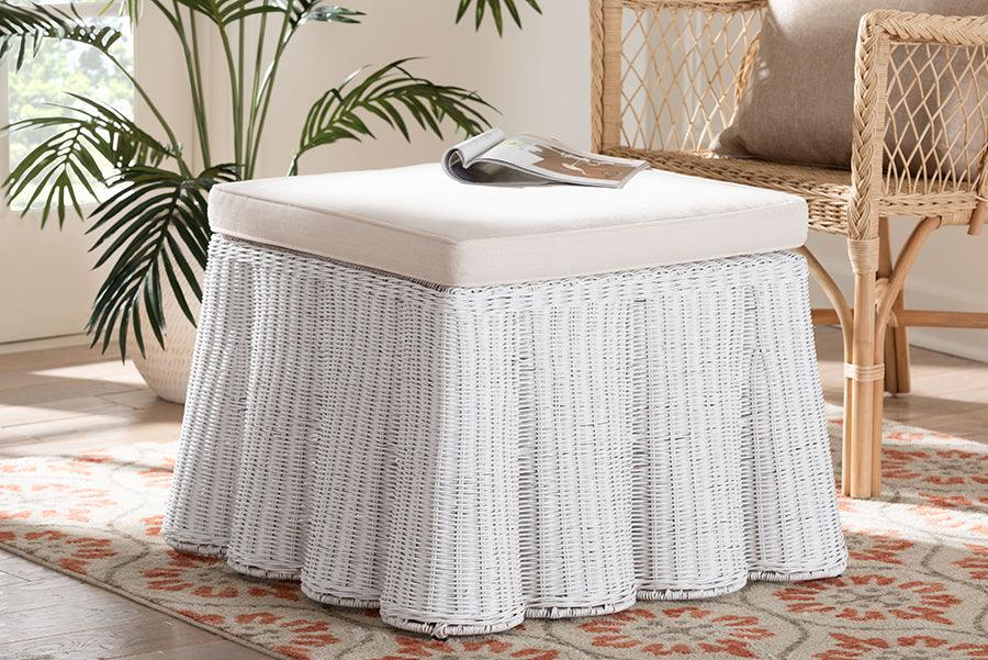 bali & pari Palm Bohemian White Scallop Rattan Ottoman FredCo