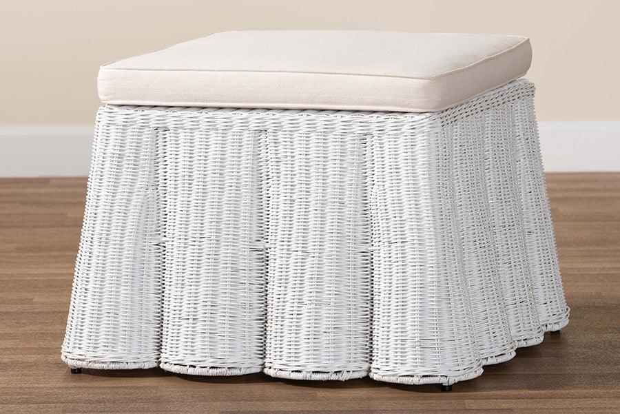 bali & pari Palm Bohemian White Scallop Rattan Ottoman FredCo