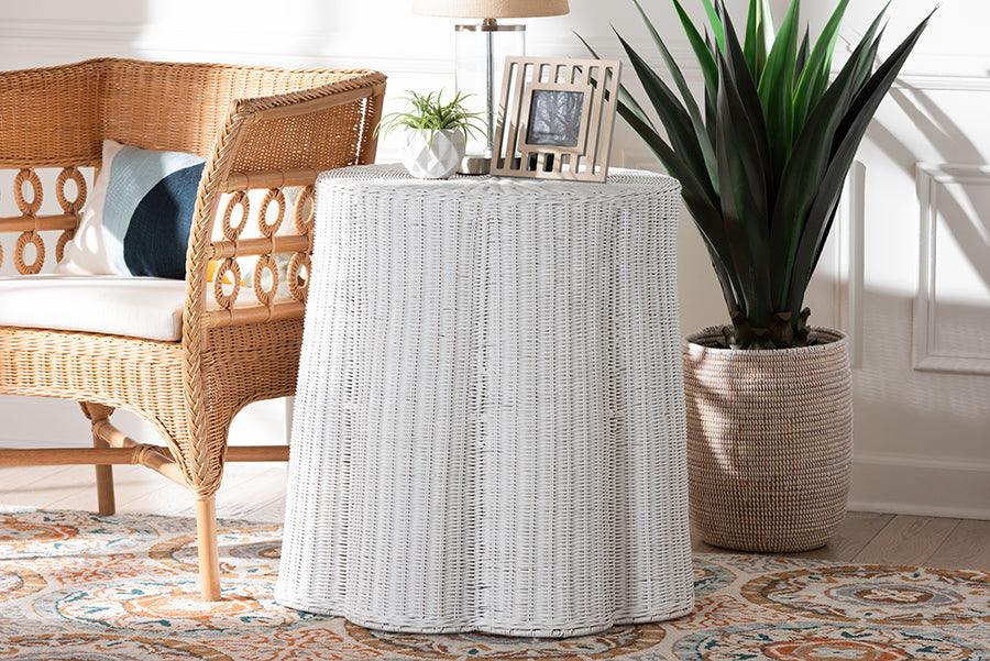 bali & pari Palm Bohemian White Scalloped Rattan End Table FredCo