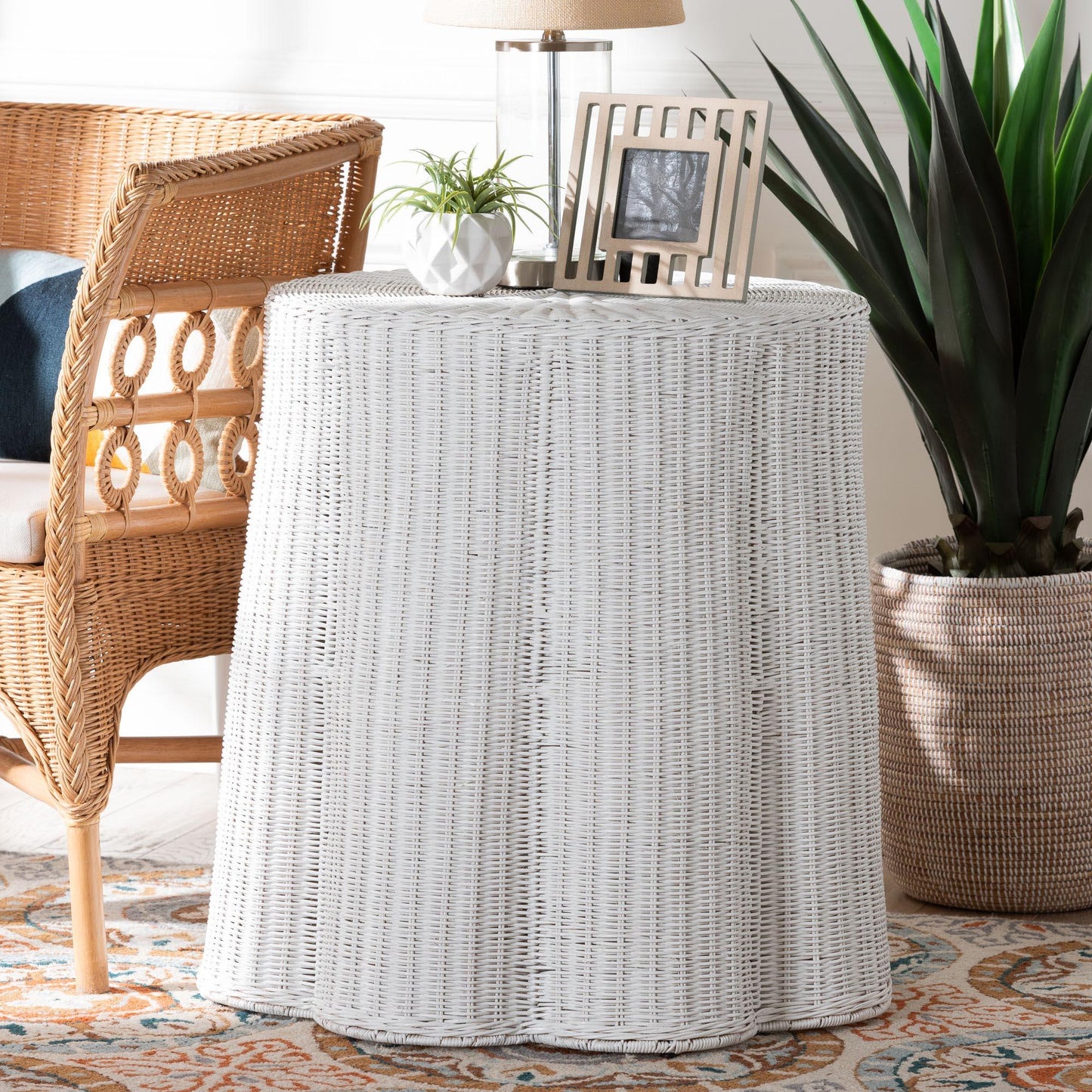 bali & pari Palm Bohemian White Scalloped Rattan End Table FredCo