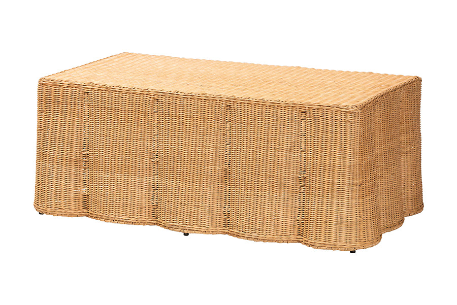 Bali & Pari Palm Light Honey Rattan Scalloped Rectangle Coffee Table – Handwoven Coastal Boho Accent for Living Room or Patio FredCo