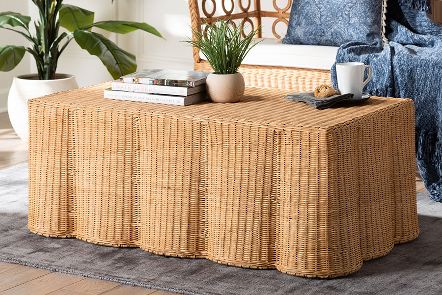 Bali & Pari Palm Light Honey Rattan Scalloped Rectangle Coffee Table – Handwoven Coastal Boho Accent for Living Room or Patio FredCo