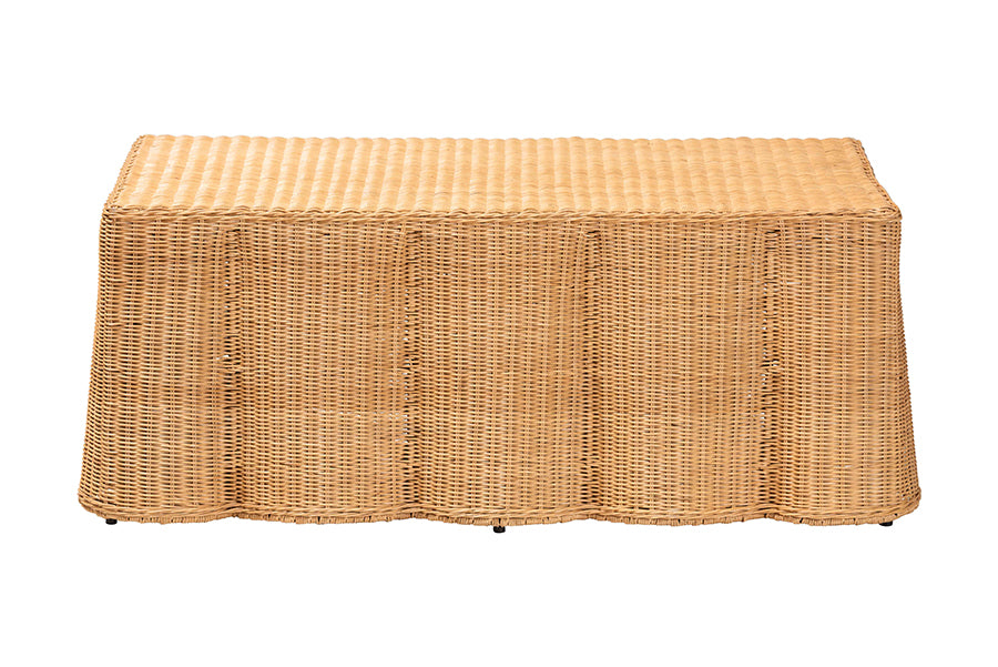Bali & Pari Palm Light Honey Rattan Scalloped Rectangle Coffee Table – Handwoven Coastal Boho Accent for Living Room or Patio FredCo