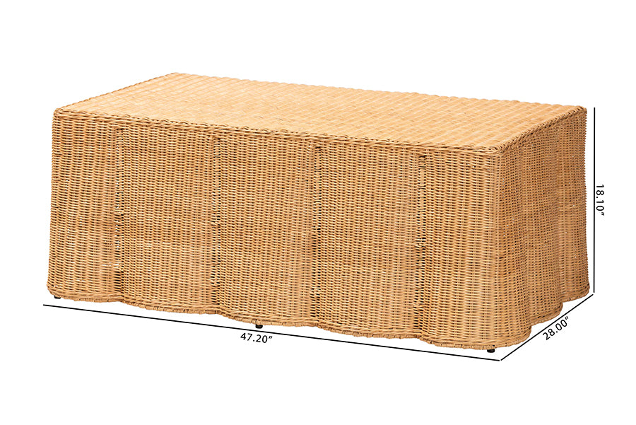 Bali & Pari Palm Light Honey Rattan Scalloped Rectangle Coffee Table – Handwoven Coastal Boho Accent for Living Room or Patio FredCo