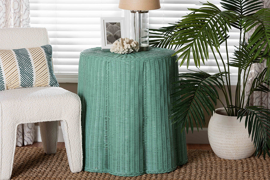 bali & pari Palm Scallop Natural Rattan Console Table - Handwoven Wicker Round Accent Table for Living Room, Sunroom or Foyer Place, Coastal Boho Style in Teal Green FredCo