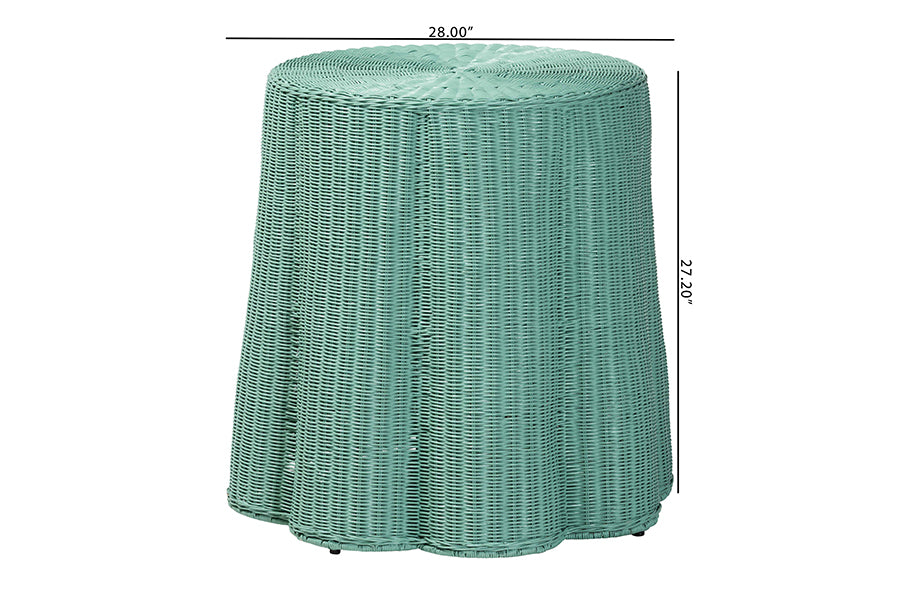 bali & pari Palm Scallop Natural Rattan Console Table - Handwoven Wicker Round Accent Table for Living Room, Sunroom or Foyer Place, Coastal Boho Style in Teal Green FredCo
