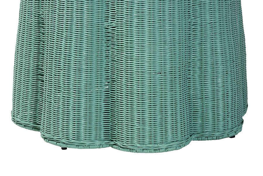 bali & pari Palm Scallop Natural Rattan Console Table - Handwoven Wicker Round Accent Table for Living Room, Sunroom or Foyer Place, Coastal Boho Style in Teal Green FredCo