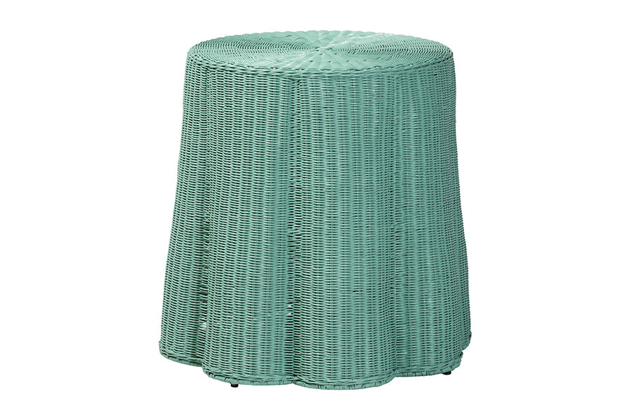 bali & pari Palm Scallop Natural Rattan Console Table - Handwoven Wicker Round Accent Table for Living Room, Sunroom or Foyer Place, Coastal Boho Style in Teal Green FredCo
