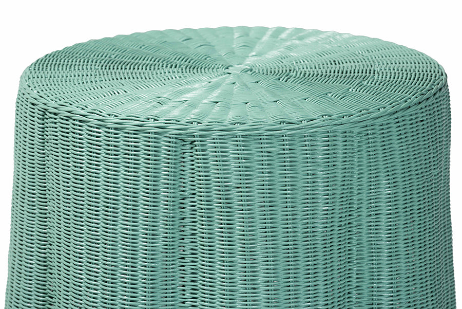 bali & pari Palm Scallop Natural Rattan Console Table - Handwoven Wicker Round Accent Table for Living Room, Sunroom or Foyer Place, Coastal Boho Style in Teal Green FredCo