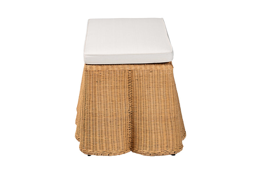 bali & pari Palm Scallop Natural Rattan Ottoman with Cushion - Handwoven Wicker Accent Bench for Living Room, Bedroom or Entryway, Coastal Boho Style Accent Furniture, Rectangle FredCo