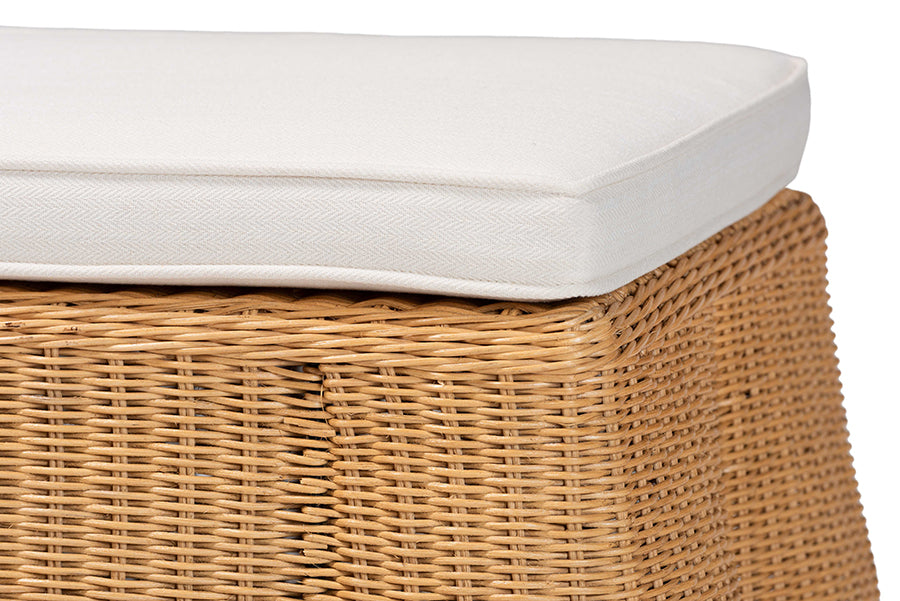 bali & pari Palm Scallop Natural Rattan Ottoman with Cushion - Handwoven Wicker Accent Bench for Living Room, Bedroom or Entryway, Coastal Boho Style Accent Furniture, Rectangle FredCo