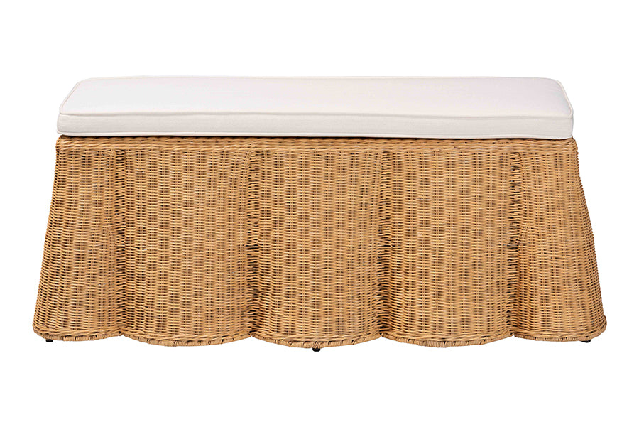 bali & pari Palm Scallop Natural Rattan Ottoman with Cushion - Handwoven Wicker Accent Bench for Living Room, Bedroom or Entryway, Coastal Boho Style Accent Furniture, Rectangle FredCo