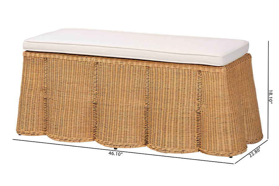 bali & pari Palm Scallop Natural Rattan Ottoman with Cushion - Handwoven Wicker Accent Bench for Living Room, Bedroom or Entryway, Coastal Boho Style Accent Furniture, Rectangle FredCo