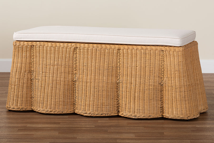 bali & pari Palm Scallop Natural Rattan Ottoman with Cushion - Handwoven Wicker Accent Bench for Living Room, Bedroom or Entryway, Coastal Boho Style Accent Furniture, Rectangle FredCo