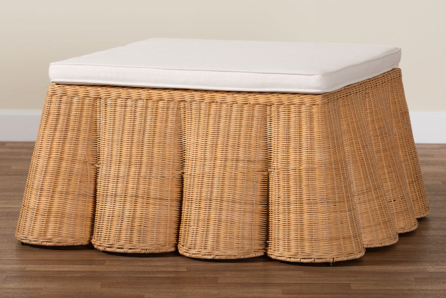 bali & pari Palm Scallop Natural Rattan Ottoman with Cushion - Handwoven Wicker Accent Bench or Footrest for Living Room, Bedroom, or Sunroom Decor, 35" Square FredCo