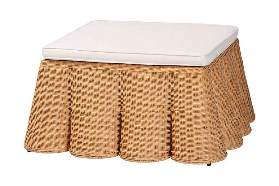 bali & pari Palm Scallop Natural Rattan Ottoman with Cushion - Handwoven Wicker Accent Bench or Footrest for Living Room, Bedroom, or Sunroom Decor, 35" Square FredCo