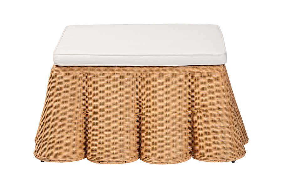 bali & pari Palm Scallop Natural Rattan Ottoman with Cushion - Handwoven Wicker Accent Bench or Footrest for Living Room, Bedroom, or Sunroom Decor, 35" Square FredCo