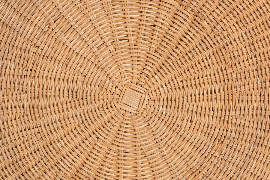 bali & pari Palm Scallop Natural Rattan Ottoman with Cushion - Handwoven Wicker Accent Stool or Footrest for Living Room, Bedroom, or Sunroom, Coastal Boho Style, 26" Round FredCo