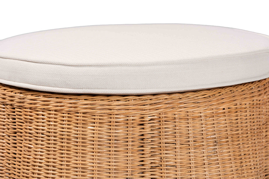 bali & pari Palm Scallop Natural Rattan Ottoman with Cushion - Handwoven Wicker Accent Stool or Footrest for Living Room, Bedroom, or Sunroom, Coastal Boho Style, 26" Round FredCo