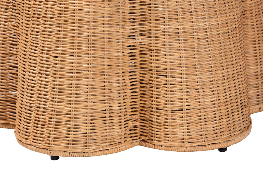 bali & pari Palm Scallop Natural Rattan Ottoman with Cushion - Handwoven Wicker Accent Stool or Footrest for Living Room, Bedroom, or Sunroom, Coastal Boho Style, 26" Round FredCo