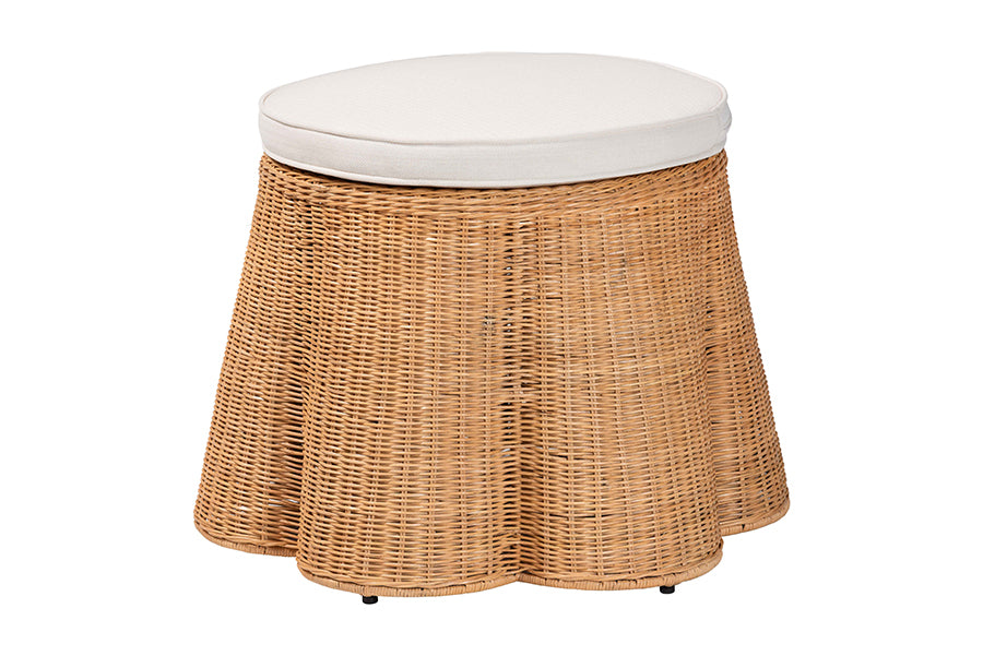 bali & pari Palm Scallop Natural Rattan Ottoman with Cushion - Handwoven Wicker Accent Stool or Footrest for Living Room, Bedroom, or Sunroom, Coastal Boho Style, 26" Round FredCo