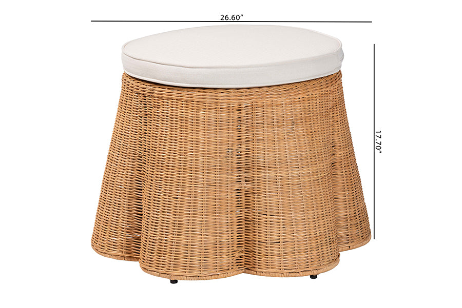 bali & pari Palm Scallop Natural Rattan Ottoman with Cushion - Handwoven Wicker Accent Stool or Footrest for Living Room, Bedroom, or Sunroom, Coastal Boho Style, 26" Round FredCo