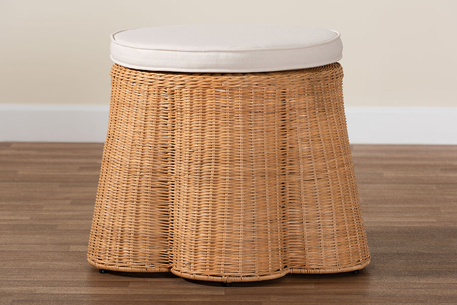 bali & pari Palm Scallop Natural Rattan Ottoman with Cushion - Handwoven Wicker Accent Stool or Footrest for Living Room, Bedroom, or Sunroom, Coastal Boho Style, 26" Round FredCo