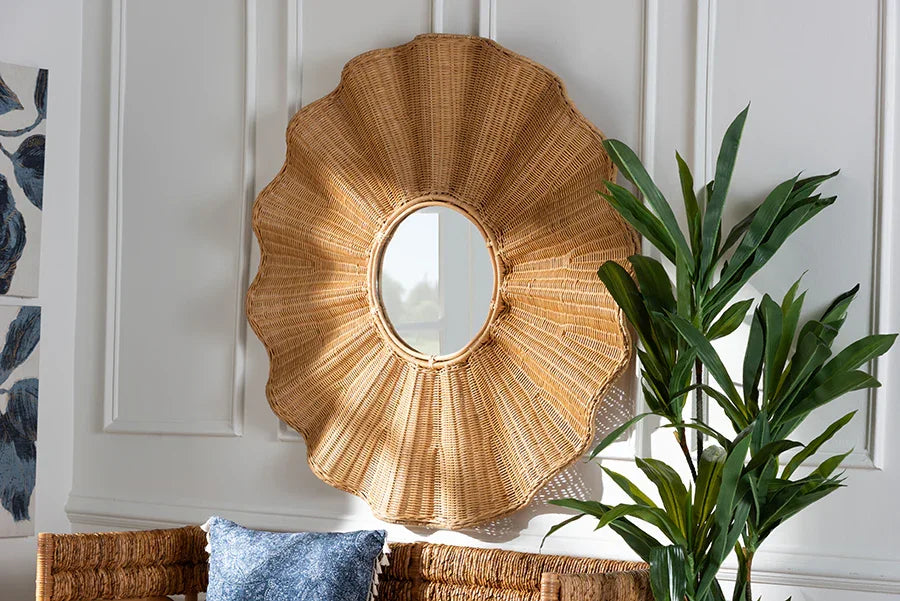 bali & pari Palm Scalloped Rattan Wall Mirror - Handwoven Wicker Round Accent Mirror, Boho Decorative Wall Art for Entryway or Living Room FredCo