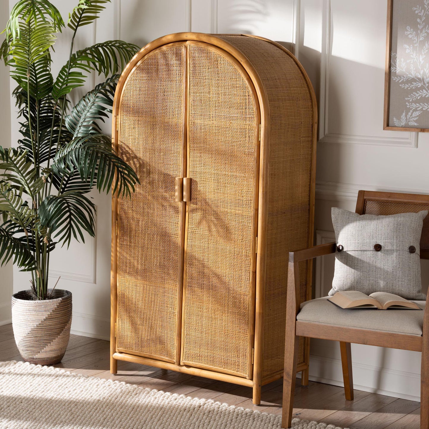 bali & pari Paloma Modern Bohemian Light Honey Rattan Large Storage Cabinet FredCo