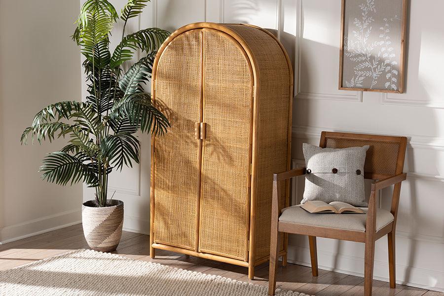 bali & pari Paloma Modern Bohemian Light Honey Rattan Large Storage Cabinet FredCo