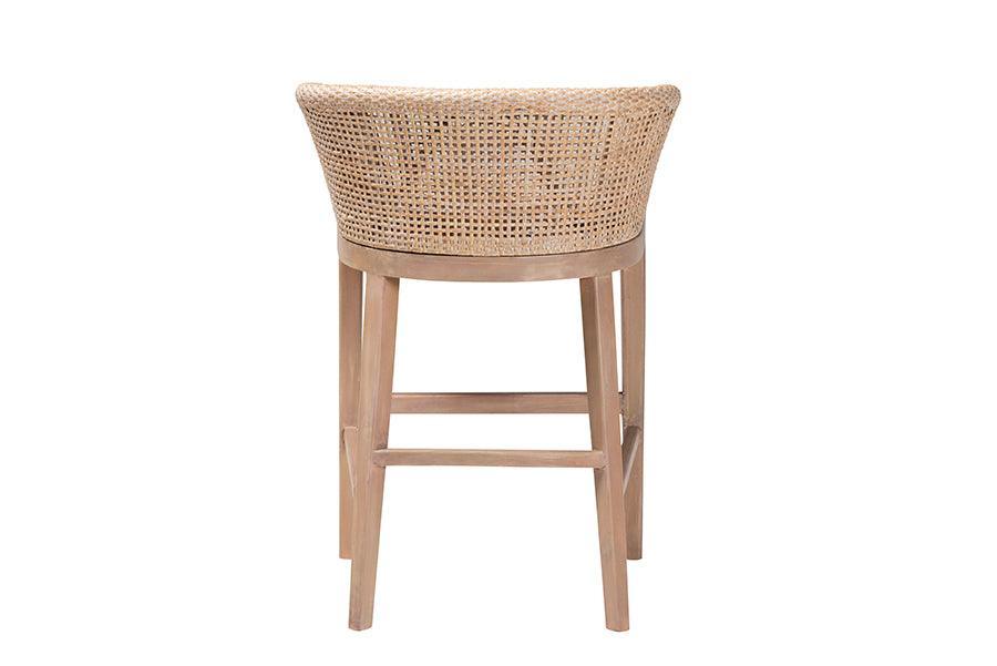 bali & pari Papua Modern Bohemian Antique White Washed Rattan and Mahogany Wood Counter Stool FredCo