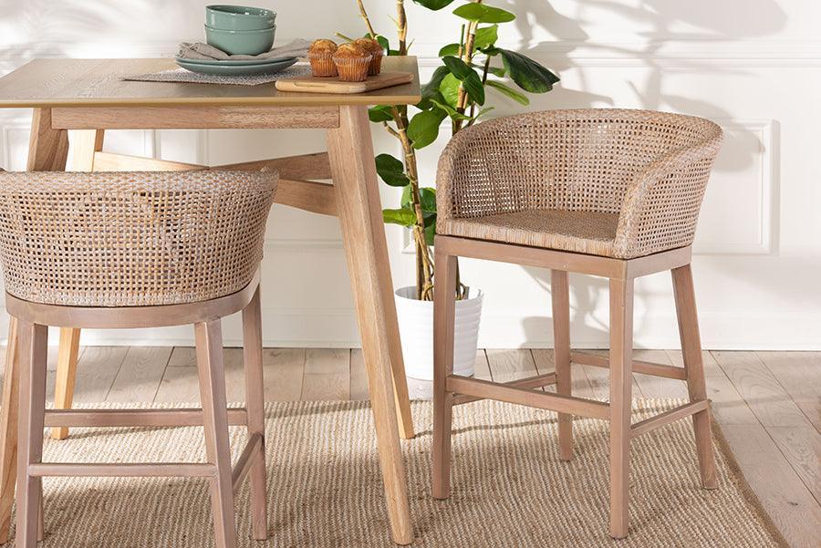 bali & pari Papua Modern Bohemian Antique White Washed Rattan and Mahogany Wood Counter Stool FredCo