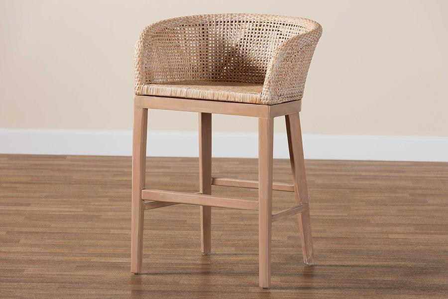 bali & pari Papua Modern Bohemian Antique White Washed Rattan and Mahogany Wood Counter Stool FredCo