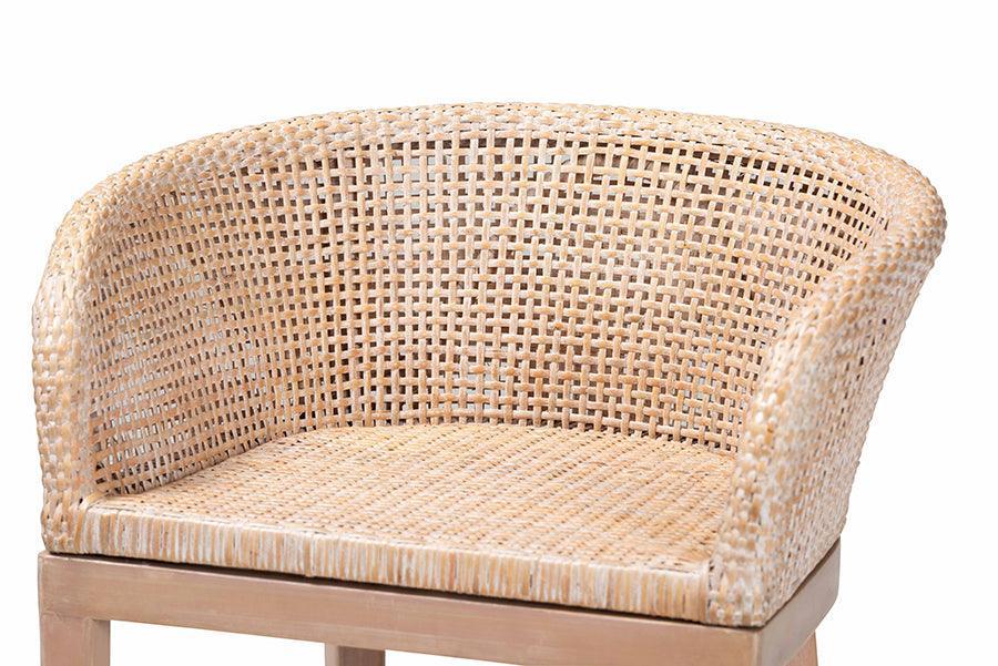 bali & pari Papua Modern Bohemian Antique White Washed Rattan and Mahogany Wood Counter Stool FredCo