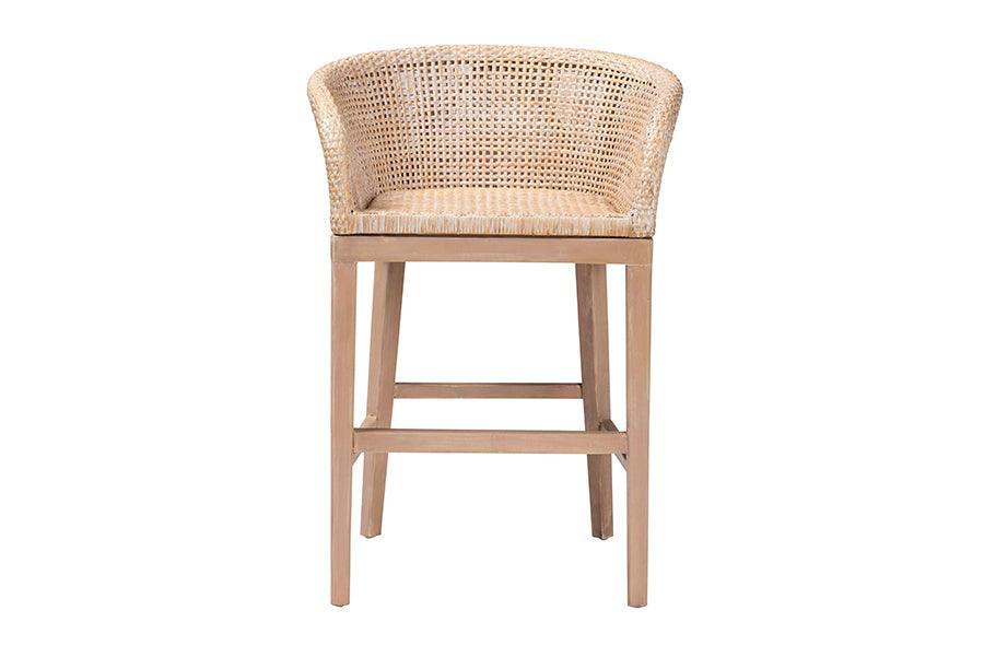 bali & pari Papua Modern Bohemian Antique White Washed Rattan and Mahogany Wood Counter Stool FredCo