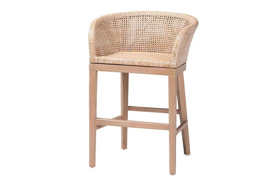bali & pari Papua Modern Bohemian Antique White Washed Rattan and Mahogany Wood Counter Stool FredCo